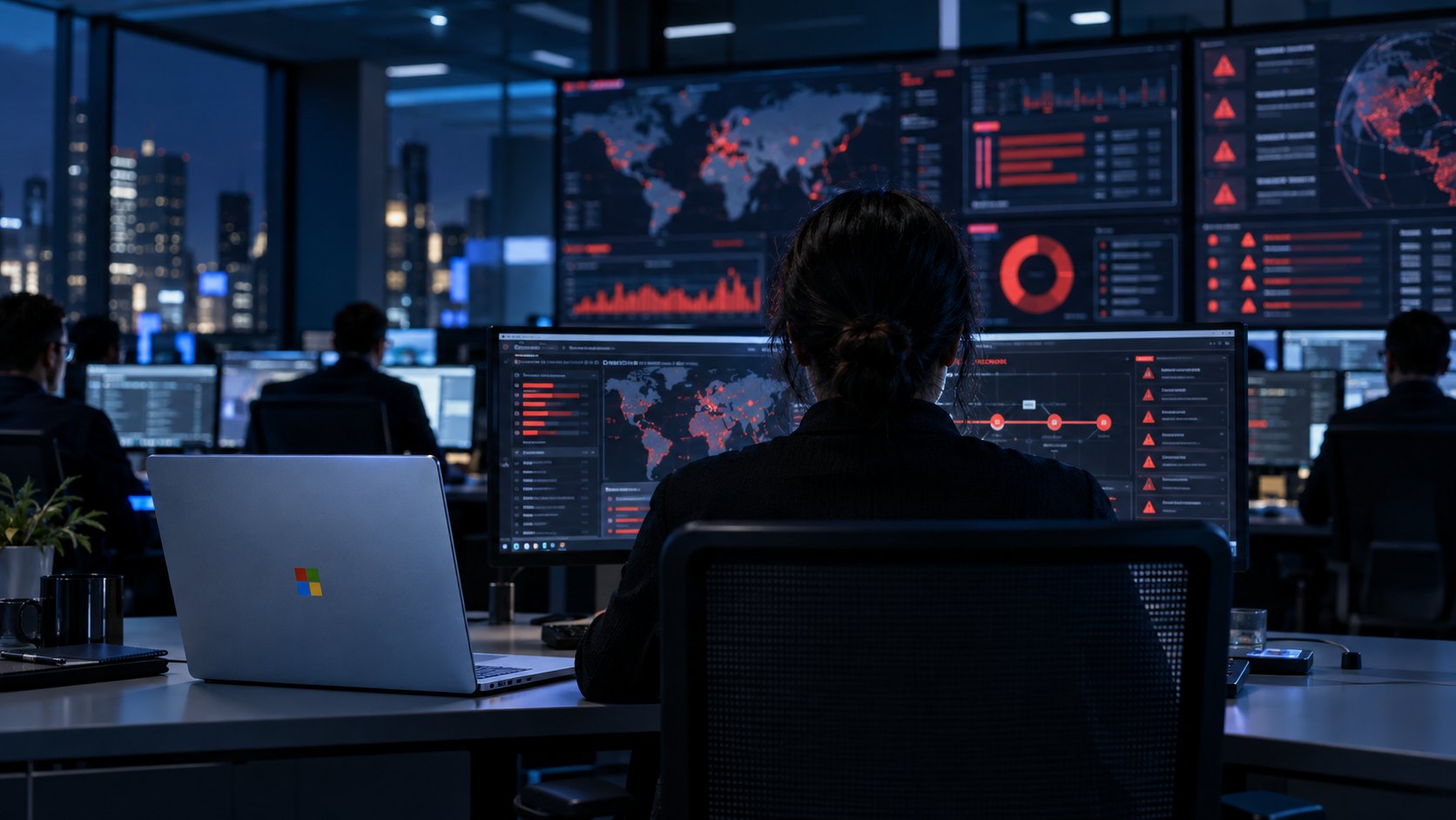 Ilustración editorial generada con IA: una analista de ciberseguridad de espaldas frente a un muro de monitores con mapas y alertas rojas en un centro de operaciones de seguridad nocturno, con una laptop con el logo de Microsoft en primer plano; composición conceptual, no es una fotografía de instalaciones reales de Microsoft.