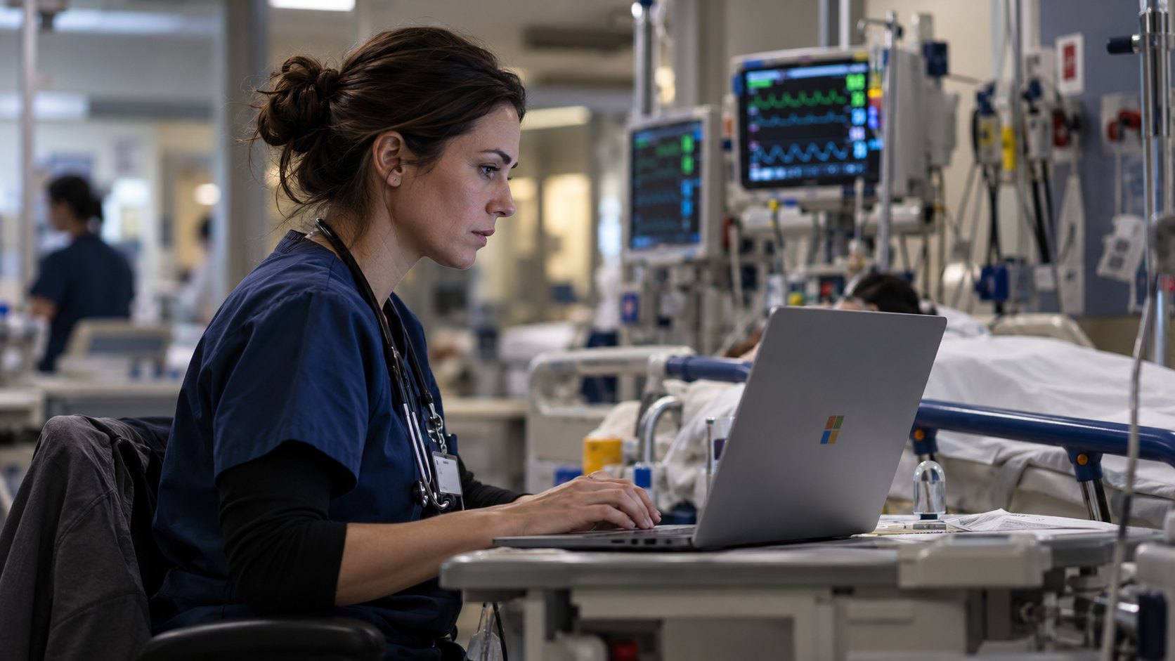 Ilustración editorial generada con IA: una médica de guardia revisa un caso clínico en una laptop con el logo de Microsoft junto a una camilla y monitores de signos vitales; composición conceptual, no es una fotografía del estudio ni de un hospital real.
