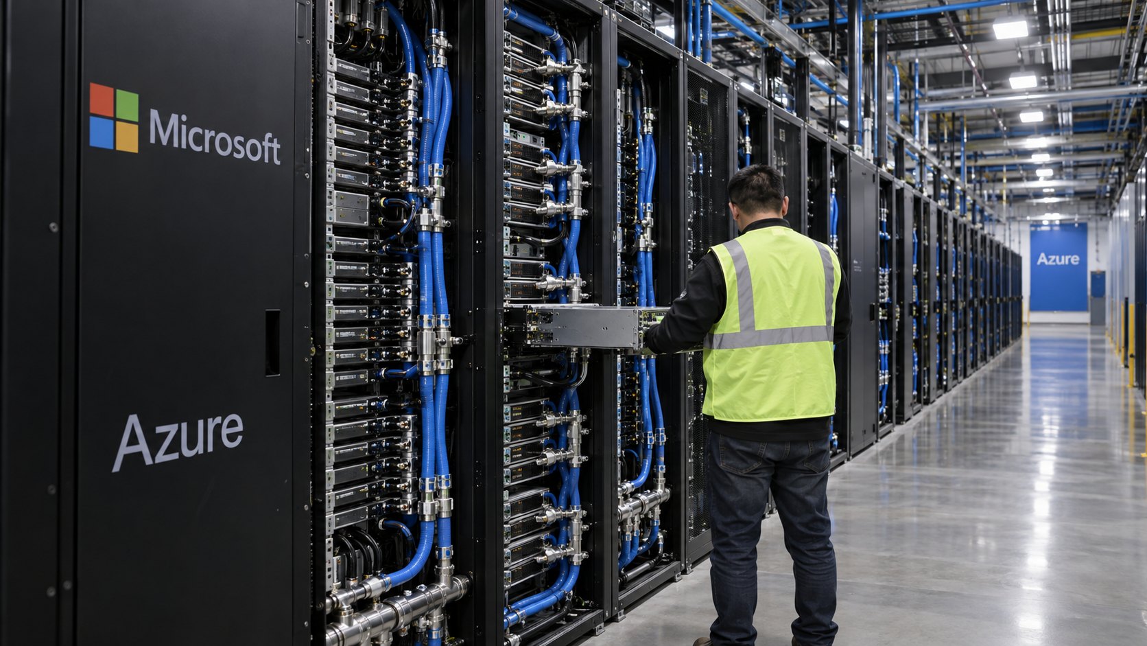 Ilustración editorial generada con IA: un técnico de espaldas con chaleco reflectivo revisa una bandeja de aceleradores en un pasillo de racks con refrigeración líquida, con los logos de Microsoft y Azure; composición conceptual, no es una fotografía de un centro de datos real ni del chip Maia 300.