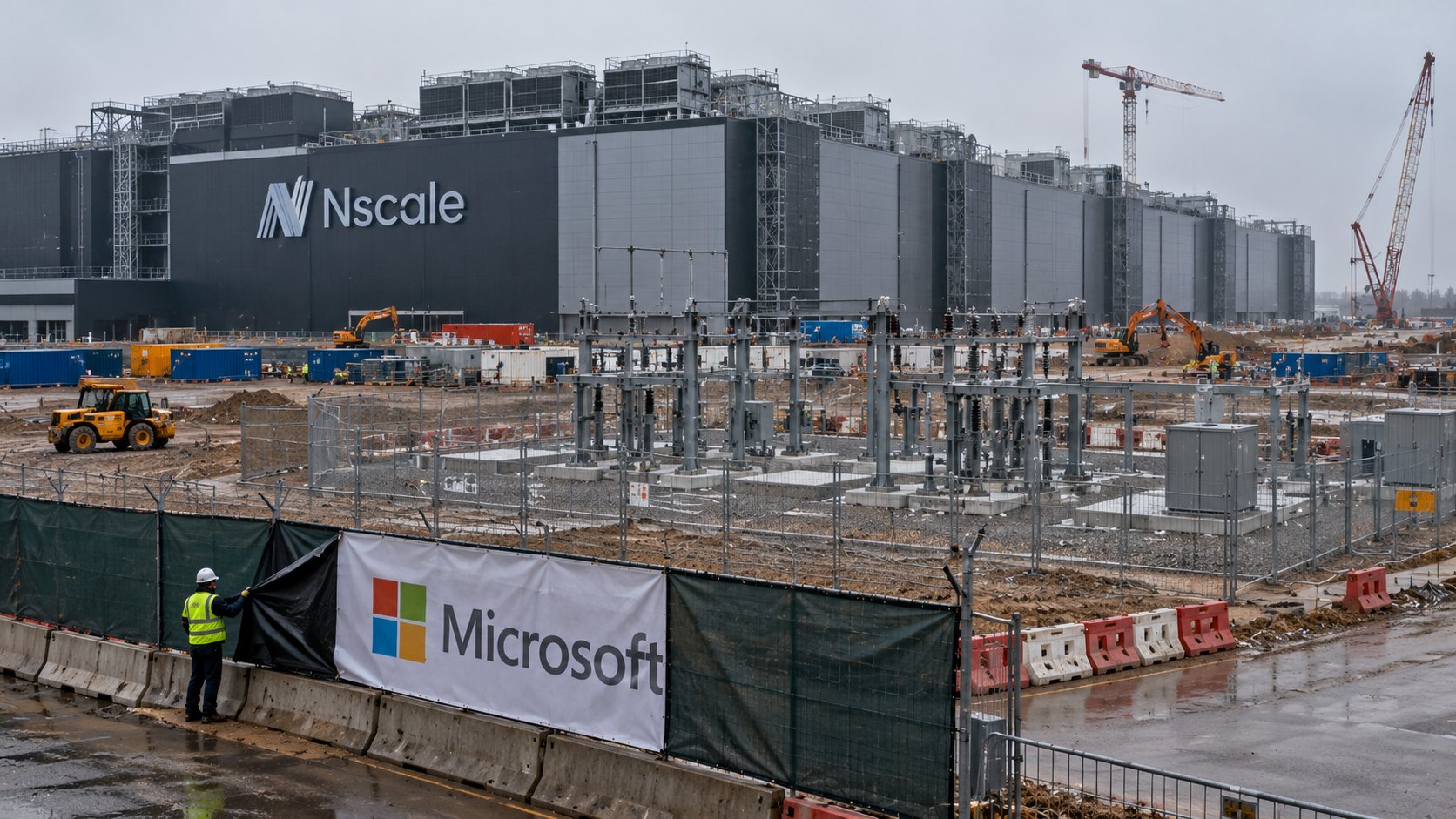 Ilustración editorial generada con IA: un gran centro de datos en obra con el nombre de Nscale en la fachada, grúas y una subestación todavía sin conexión, y en primer plano un operario que retira un cartel de Microsoft de la valla de obra, en un día gris; composición conceptual, no es una fotografía del sitio de Loughton.