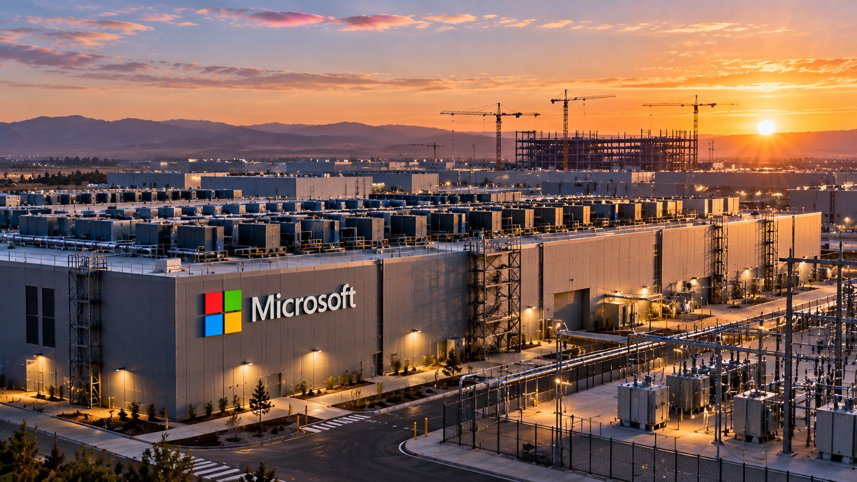 Ilustración editorial generada con IA: un centro de datos con el logo y el nombre de Microsoft en la fachada al amanecer, con equipos de refrigeración en el techo y nuevos edificios en construcción detrás; composición conceptual, no es una fotografía de una instalación identificada.