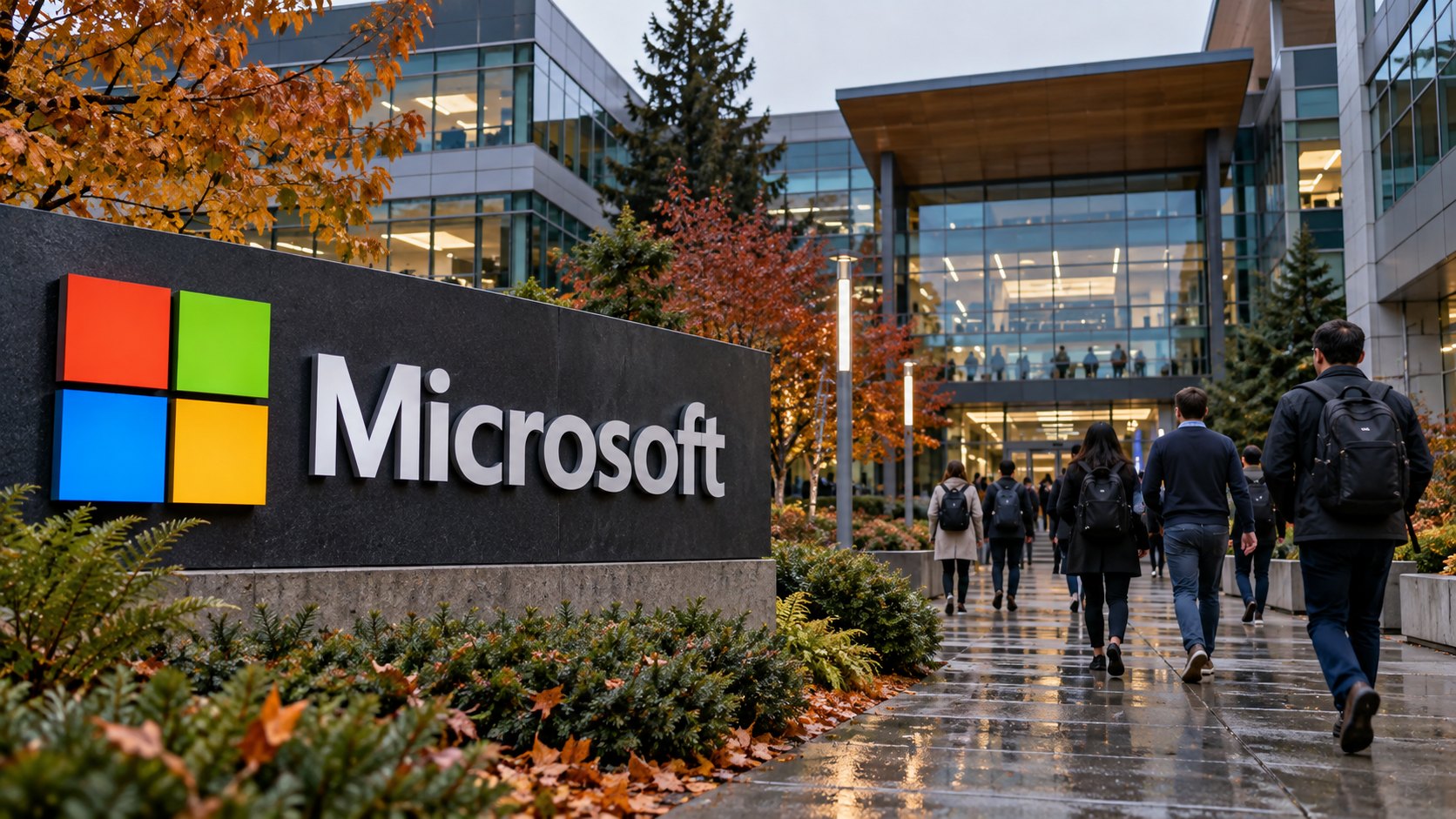 Ilustración editorial generada con IA: el cartel de Microsoft con el logo de cuatro cuadrados de colores en la entrada de un campus de oficinas en otoño, con empleados caminando hacia los edificios; composición representativa, no es una fotografía del campus de Redmond ni del anuncio.