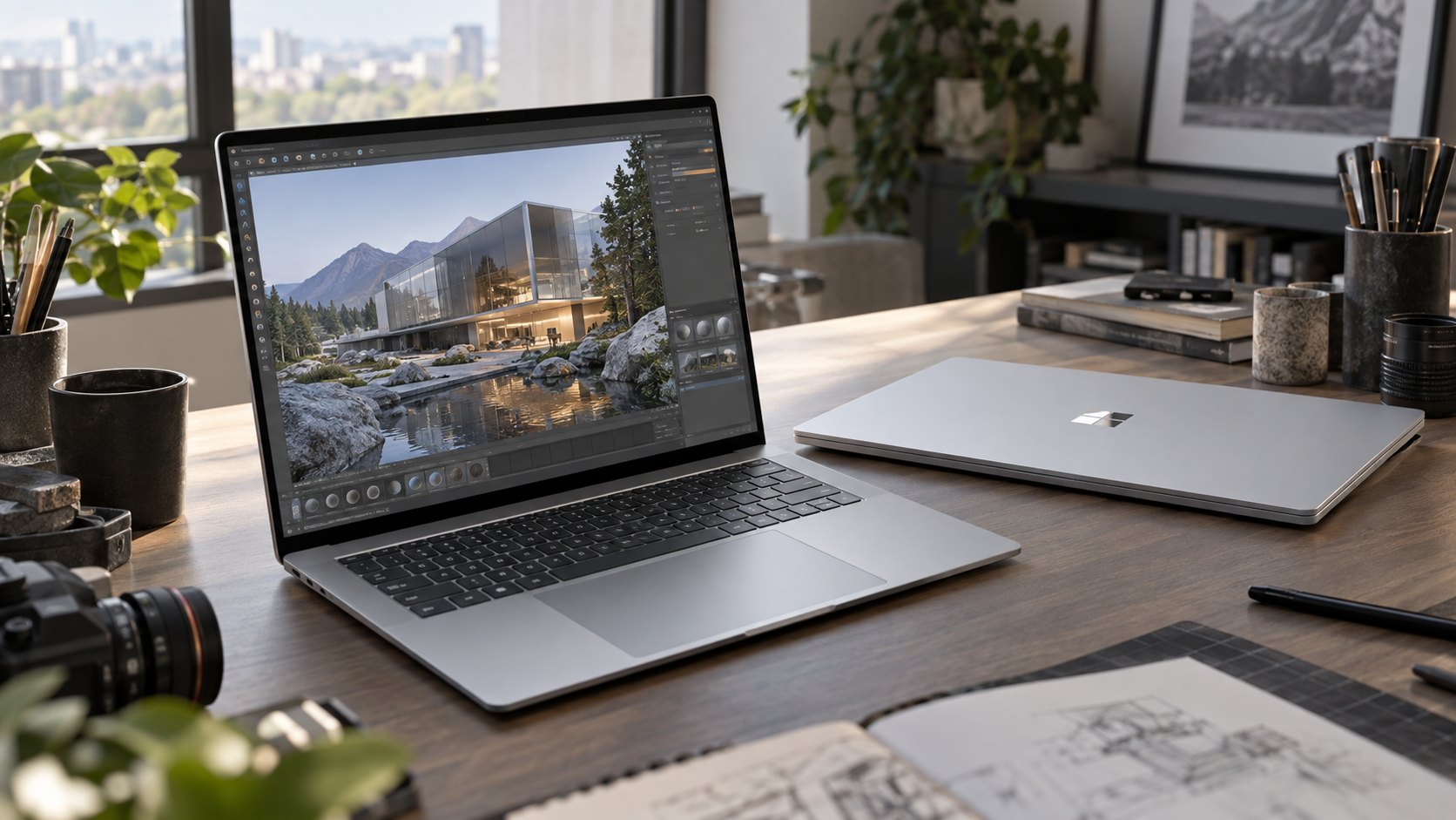 Ilustración editorial generada con IA: una laptop Surface plateada abierta sobre un escritorio de estudio con un render arquitectónico en pantalla y, al lado, otra Surface cerrada con el logo de Microsoft en la tapa; composición conceptual, no es una fotografía oficial del producto.