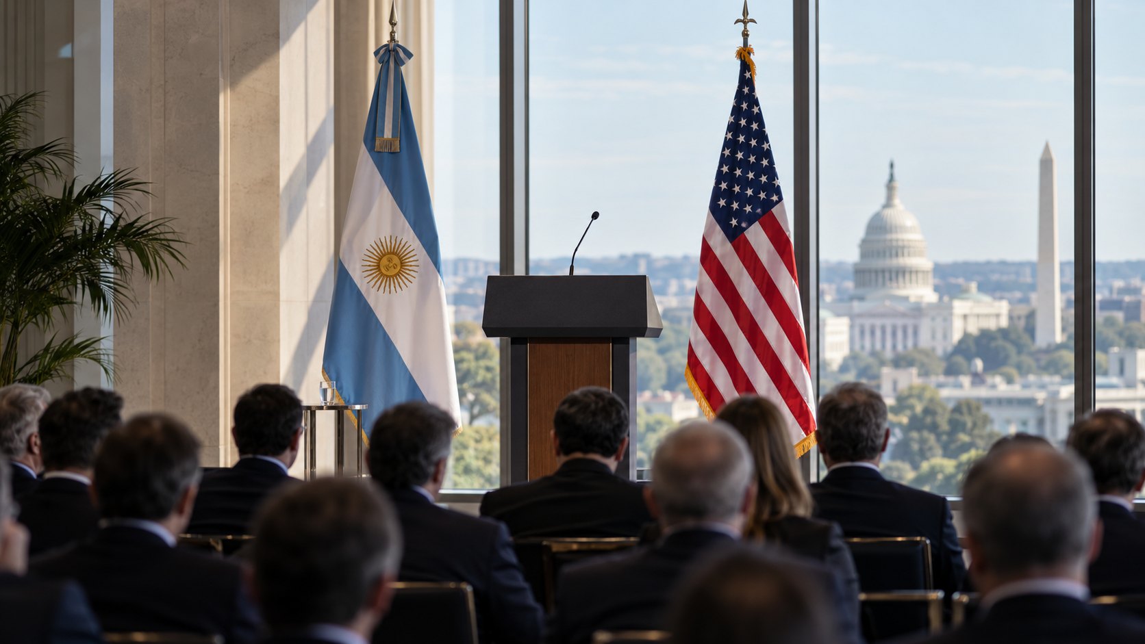 Ilustración editorial generada con IA: un salón de conferencias empresarial de Washington de día, con un atril vacío entre las banderas de la Argentina y de Estados Unidos y ejecutivos sentados vistos de espaldas; composición conceptual, no es una fotografía del discurso de Milei ni de la sede de la Cámara de Comercio.