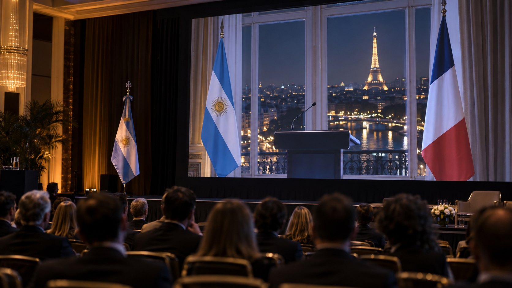 Ilustración editorial generada con IA: el salón de conferencias de un hotel de Mar del Plata con empresarios de espaldas frente a un escenario donde una pantalla gigante muestra una videollamada desde París, con un atril, la Torre Eiffel iluminada y banderas de Argentina y Francia, junto a una bandera argentina en el escenario; composición conceptual, no es una fotografía del coloquio.