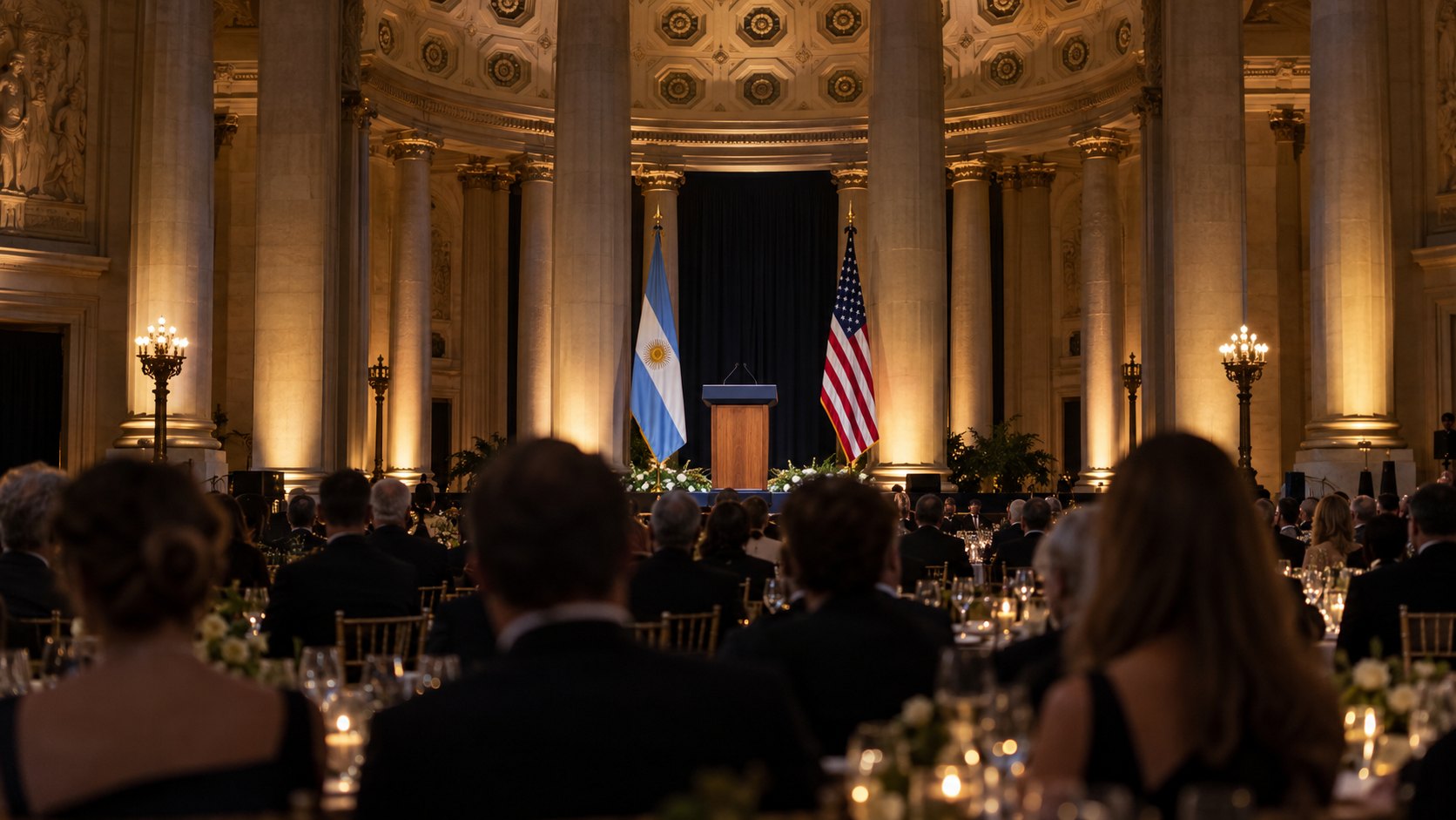 Ilustración editorial generada con IA: el salón neoclásico de un auditorio de Washington preparado para una gala nocturna, con columnas iluminadas, un atril vacío entre las banderas de la Argentina y de Estados Unidos e invitados de etiqueta vistos de espaldas; composición conceptual, no es una fotografía del discurso de Milei.