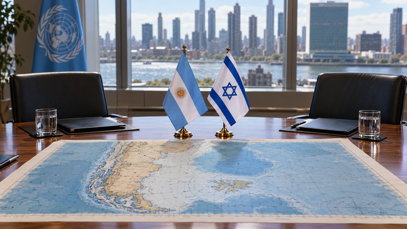 Ilustración editorial generada con IA: mesa de reunión en una sala de la ONU con banderas de escritorio de la Argentina y de Israel y una carta náutica del Atlántico Sur con las Islas Malvinas; composición conceptual, no es una fotografía del encuentro.