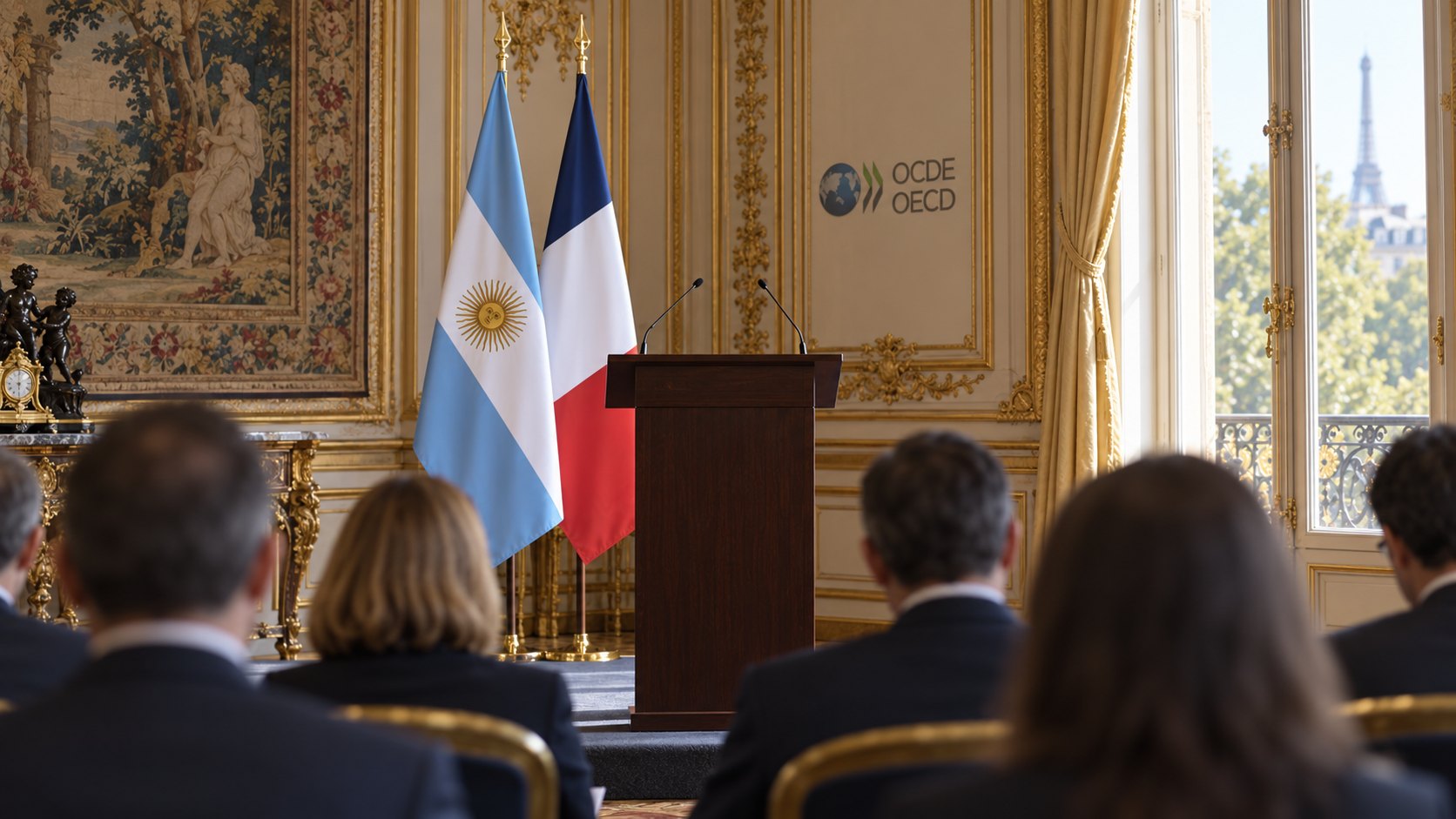 Ilustración editorial generada con IA: un salón de conferencias con boiserie y molduras doradas en un château parisino, con un atril vacío, una bandera argentina y una de Francia detrás y el logo de la OCDE en la pared, frente a un público de traje visto de espaldas y un ventanal con la Torre Eiffel; composición conceptual, no es una fotografía del discurso.