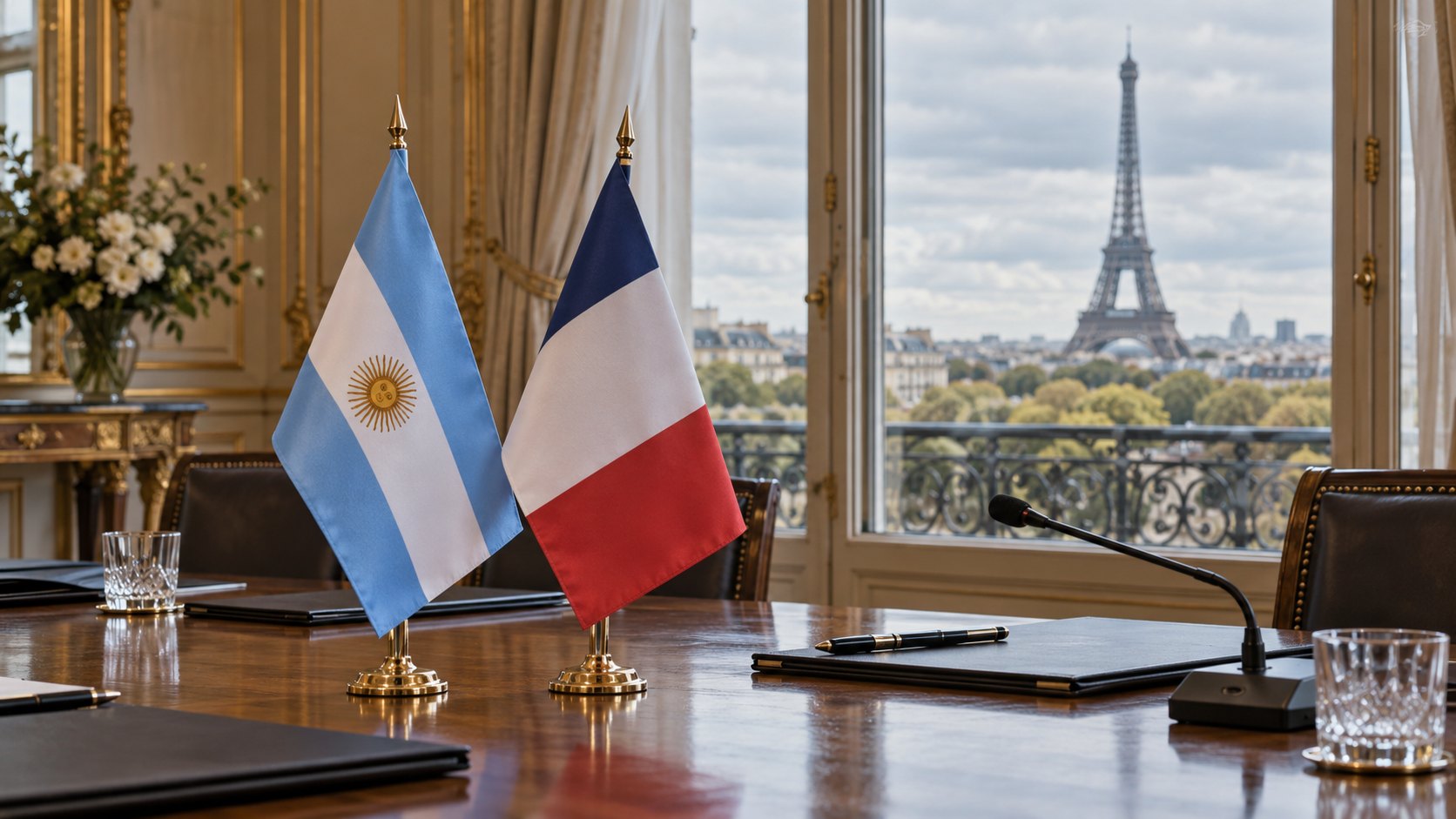 Ilustración editorial generada con IA: banderas de mesa de Argentina y de Francia sobre una mesa de conferencias, con la Torre Eiffel detrás de un ventanal; composición conceptual, no es una fotografía de la reunión.