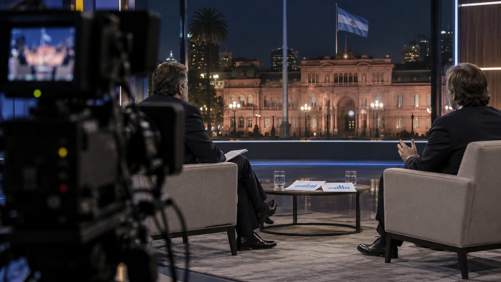 Ilustración editorial generada con IA: set de una entrevista televisiva nocturna visto detrás de una cámara de estudio, con dos personas de espaldas en sillones y la Casa Rosada iluminada con una bandera argentina de fondo; composición conceptual, no es una fotografía de la entrevista ni de sus participantes.