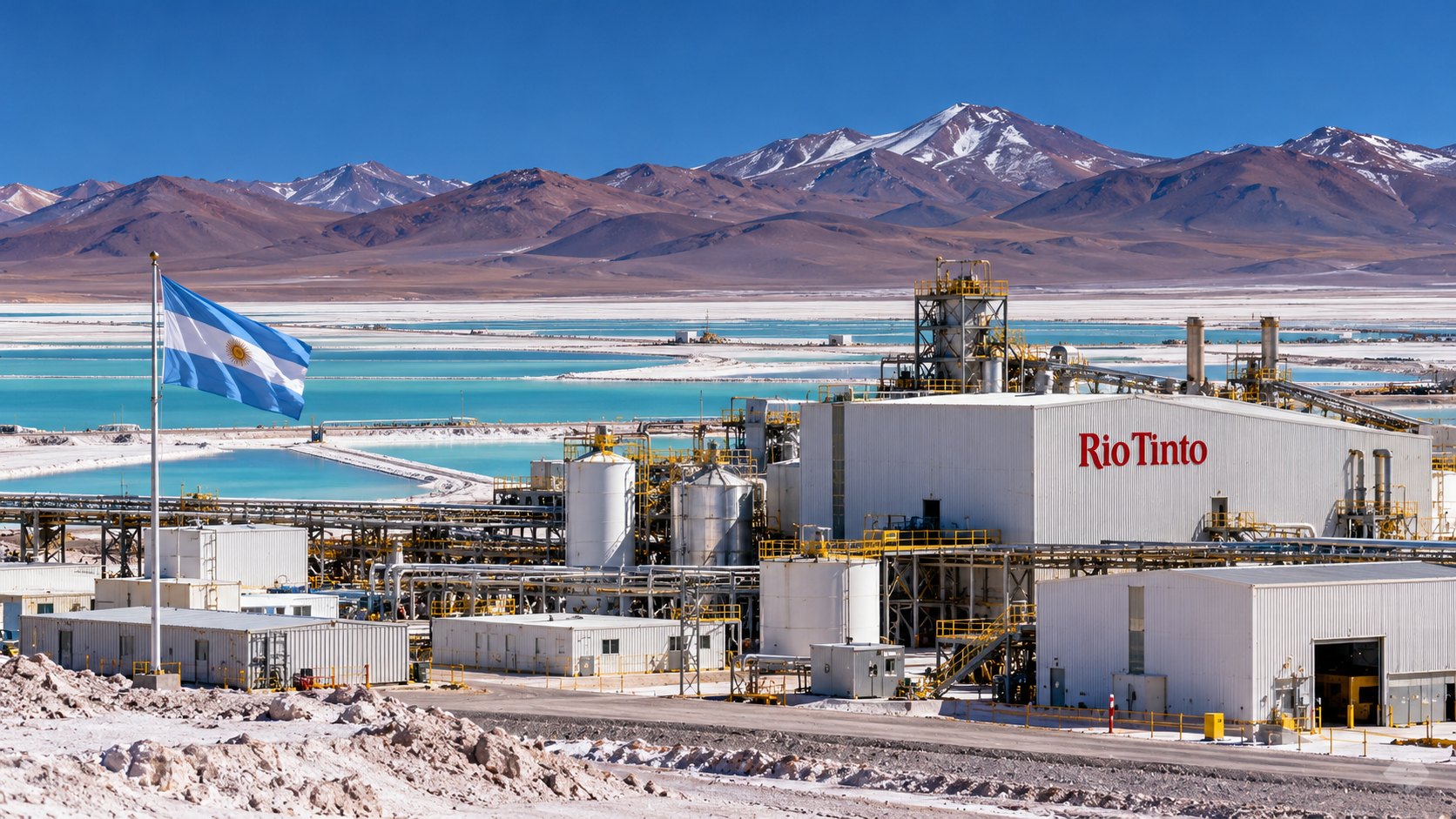 Ilustración editorial generada con IA: planta de carbonato de litio con el logo de Rio Tinto en el Salar del Hombre Muerto, en la Puna de Catamarca, con piletas de evaporación turquesa, cerros nevados y una bandera argentina; composición conceptual, no es una fotografía de la planta real ni del acto.