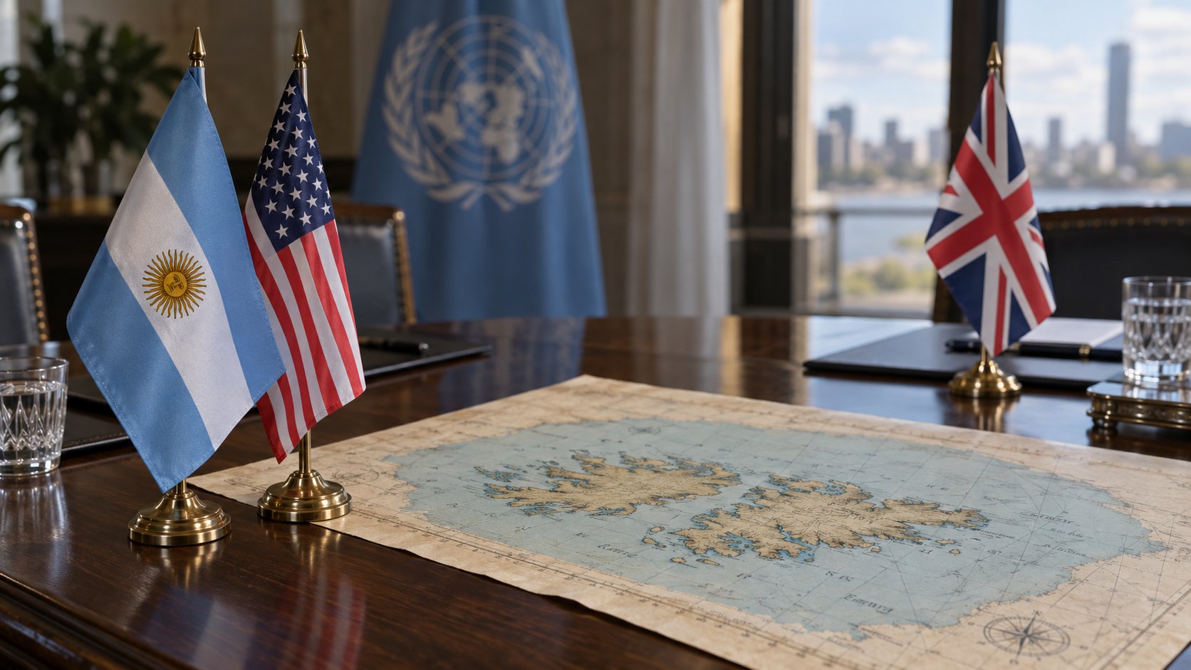 Ilustración editorial generada con IA: banderitas de escritorio de Argentina y Estados Unidos frente a una del Reino Unido, con la bandera de la ONU al fondo, sobre una carta náutica con la silueta de las Islas Malvinas; no representa una reunión real.