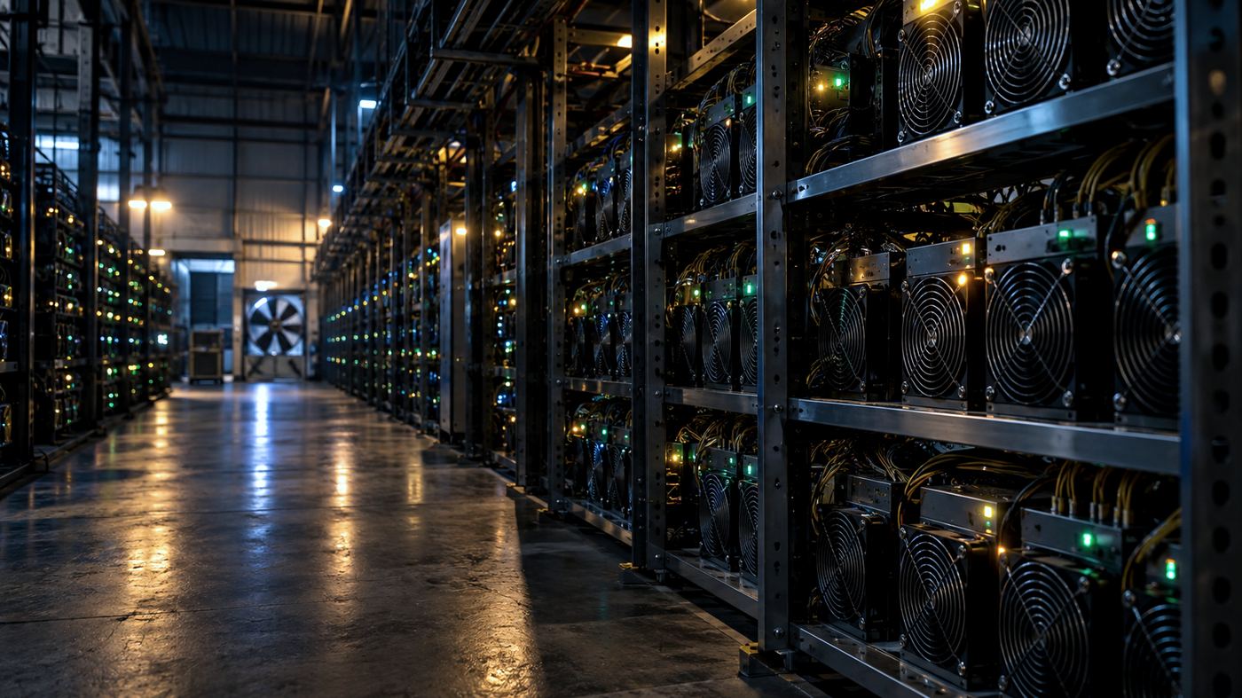 Interior de un centro de datos de minería de bitcoin, con largas filas de equipos ASIC iluminados por luces LED azules y verdes en un galpón industrial