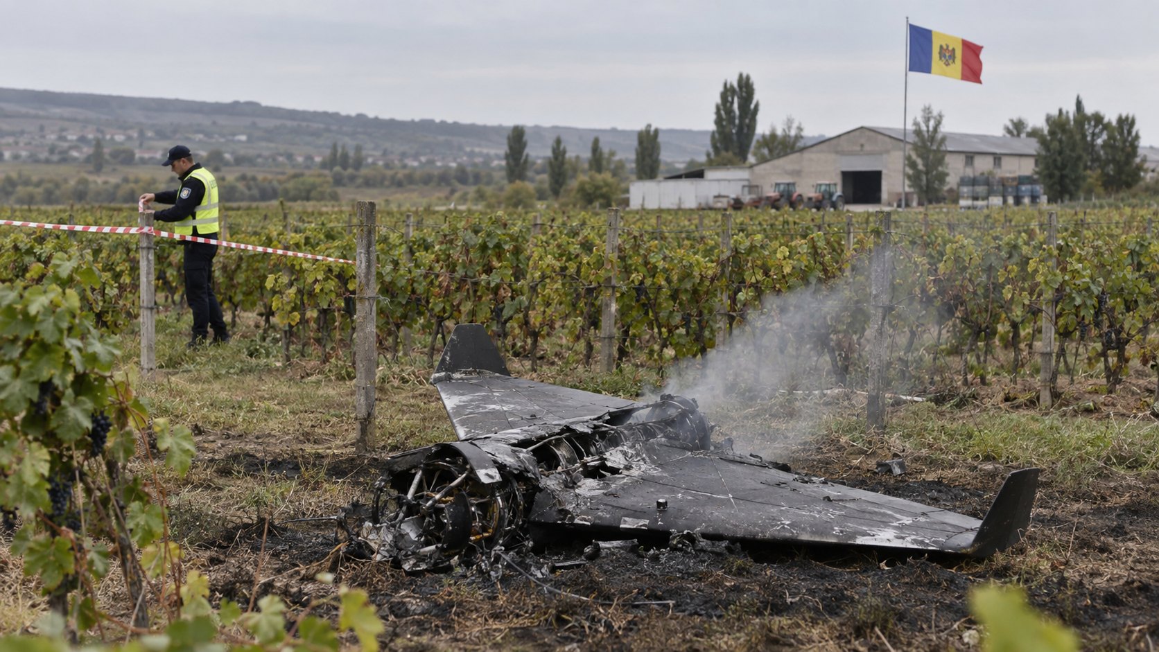 Ilustración editorial generada con IA: restos de un dron militar humeantes en un viñedo rural de Moldavia, con un policía moldavo delimitando la zona y una bandera de Moldavia en un edificio cercano; composición conceptual, no es una fotografía del incidente.