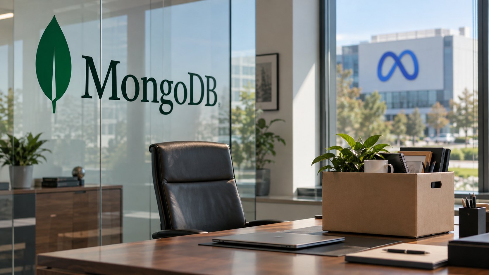 Ilustración editorial generada con IA: una oficina con el logo de MongoDB en una pared de vidrio, una silla ejecutiva vacía y una caja con objetos personales sobre el escritorio, y al fondo un edificio con el logo de Meta; composición conceptual, no es una fotografía de las oficinas reales.