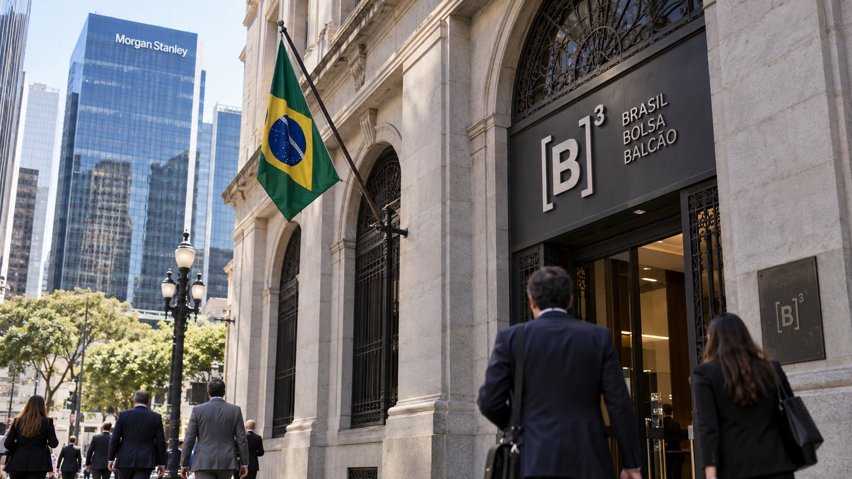 Ilustración editorial generada con IA: la sede de la bolsa B3 en el centro de San Pablo con una bandera de Brasil y, al fondo, una torre de oficinas con el logo de Morgan Stanley; composición conceptual, no es una fotografía de un hecho documentado.