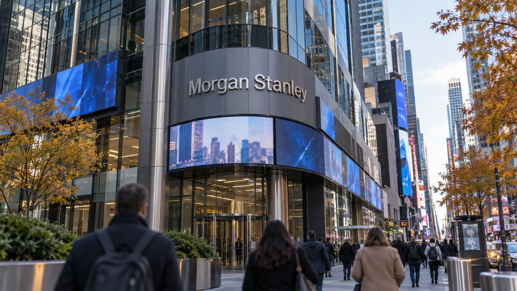 Ilustración editorial generada con IA: la sede de Morgan Stanley en 1585 Broadway, en Times Square, Nueva York, con el nombre de la firma en la fachada y su franja de pantallas, árboles otoñales y peatones de espaldas en la vereda; composición conceptual, no es una fotografía del día.