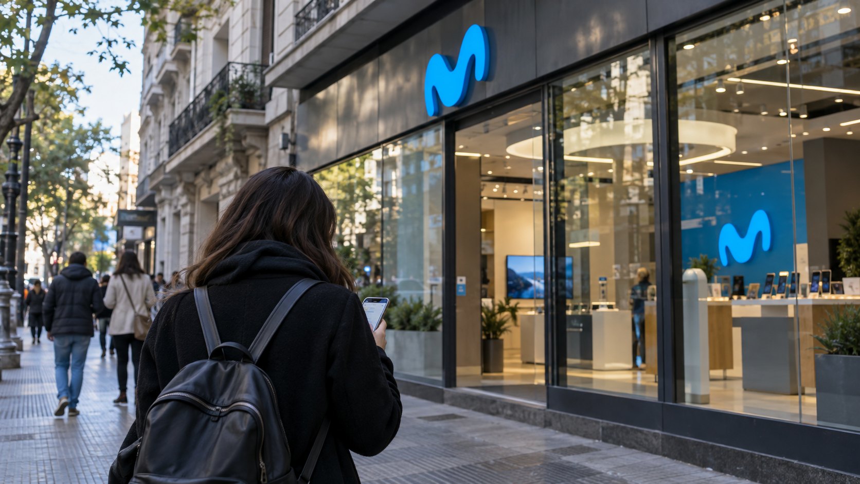 Ilustración editorial generada con IA: una mujer de espaldas mira su celular en una vereda de Buenos Aires frente a un local de Movistar con el logo azul de la marca en la fachada y en la pared interior; composición conceptual, no es una fotografía de un local real ni de clientes de la empresa.
