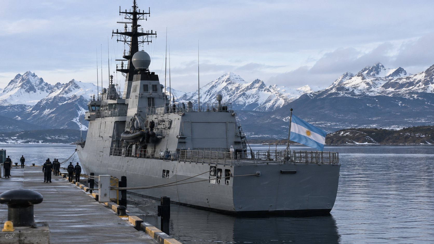 Ilustración editorial generada con IA: un buque gris de la Armada Argentina amarrado a un muelle en la bahía de Ushuaia, con la bandera argentina y las montañas nevadas del canal Beagle al fondo; composición conceptual, no es una fotografía de la base ni del proyecto.