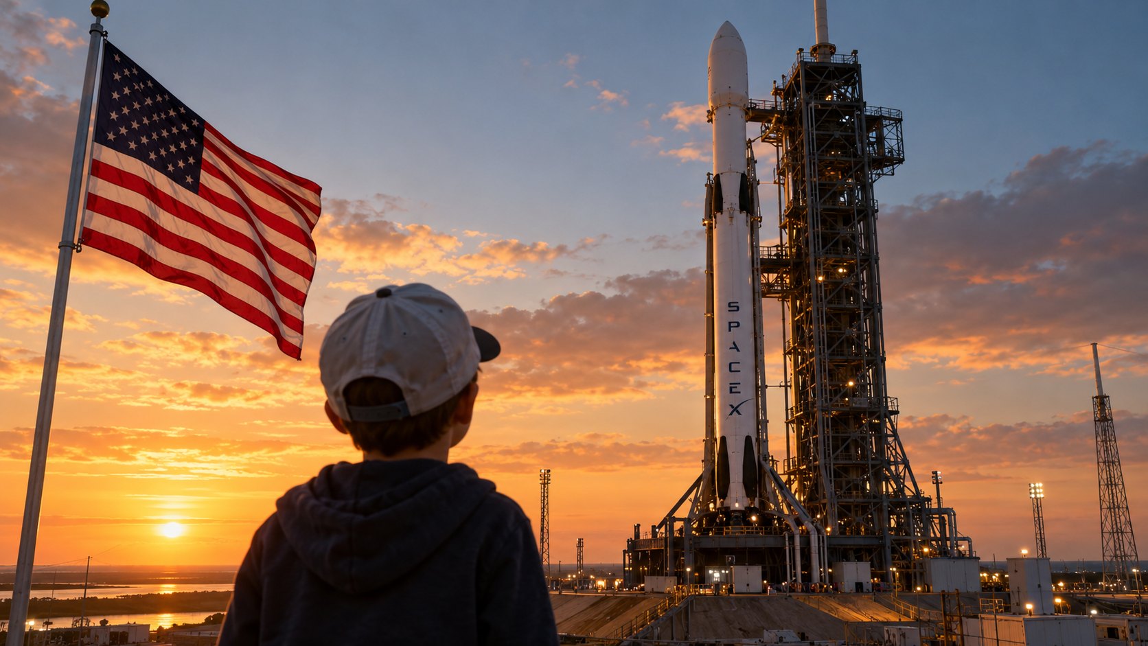 Ilustración editorial generada con IA: un cohete Falcon 9 de SpaceX en su plataforma de lanzamiento al atardecer y, en primer plano, un chico de espaldas que lo mira junto a una bandera de Estados Unidos; composición conceptual, no es una fotografía de un hecho real.