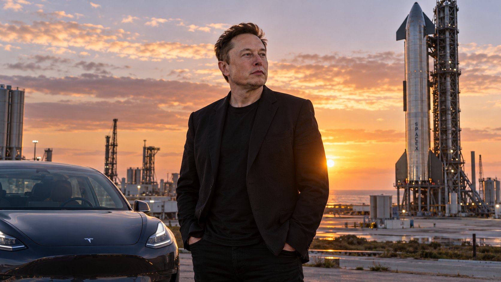 Ilustración editorial generada con IA: Elon Musk, director ejecutivo de Tesla y SpaceX, de pie entre un auto Tesla y un cohete Starship de SpaceX; composición conceptual, no es una fotografía de un hecho real.