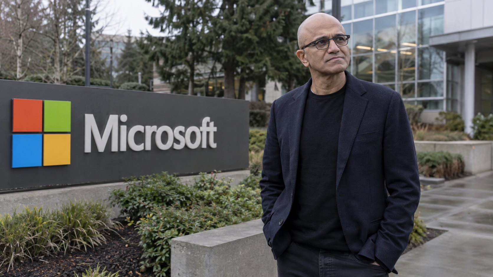 Ilustración editorial generada con IA: Satya Nadella, presidente y CEO de Microsoft, de pie junto al cartel con el logo de Microsoft en el campus de Redmond en una mañana nublada; composición conceptual, no es una fotografía del día.