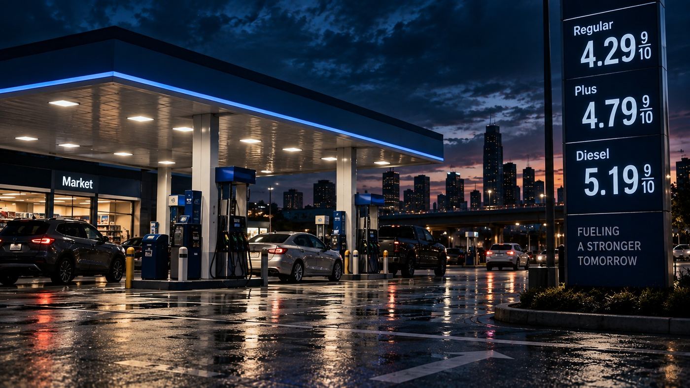 Surtidor de nafta de noche en una estación de servicio, con luces cálidas y el asfalto mojado reflejando el cartel de precios
