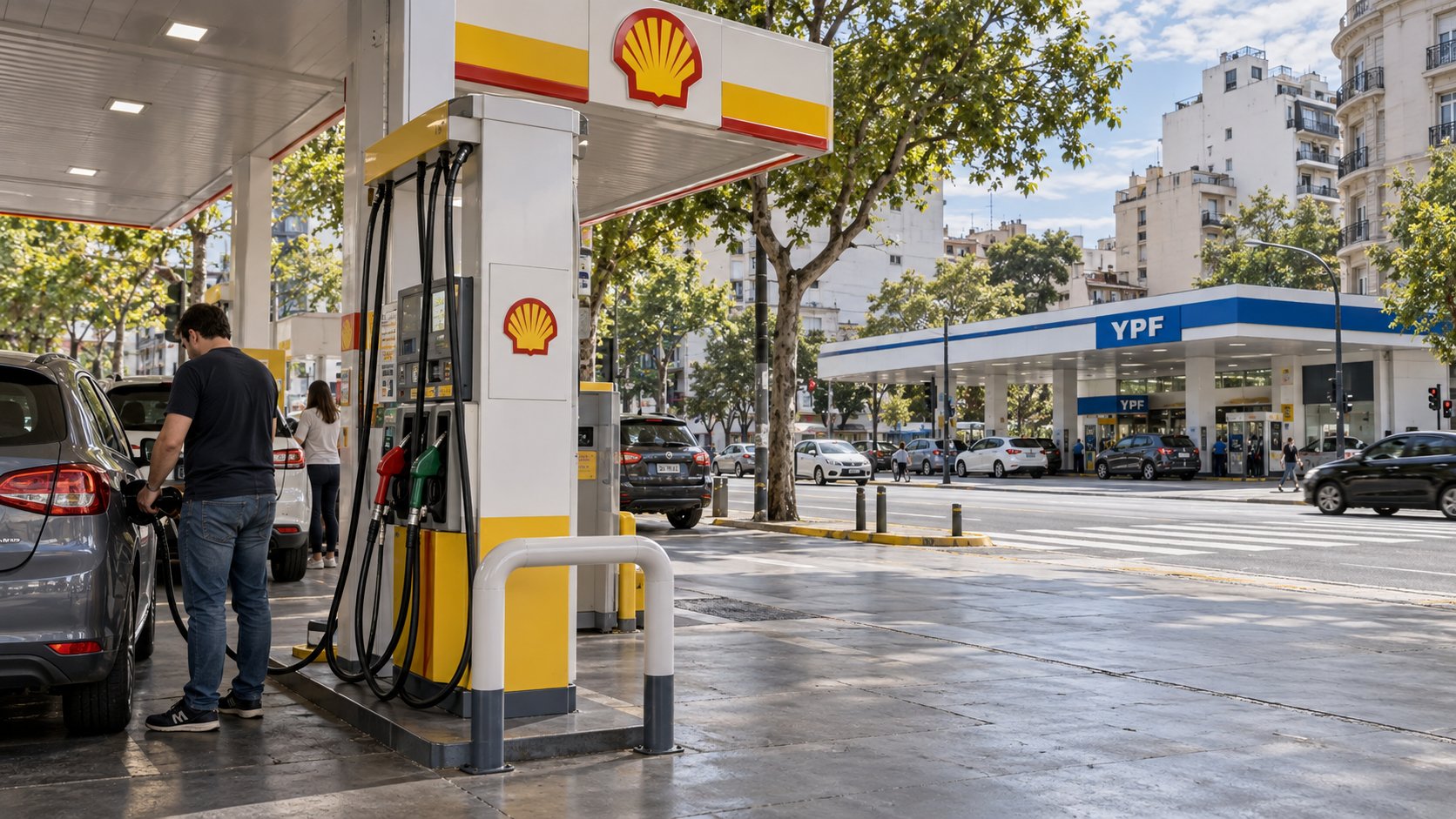 Ilustración editorial generada con IA: surtidor de una estación Shell en una avenida de Buenos Aires con una estación YPF al fondo; composición conceptual, no es una fotografía de una estación real ni de sus precios.