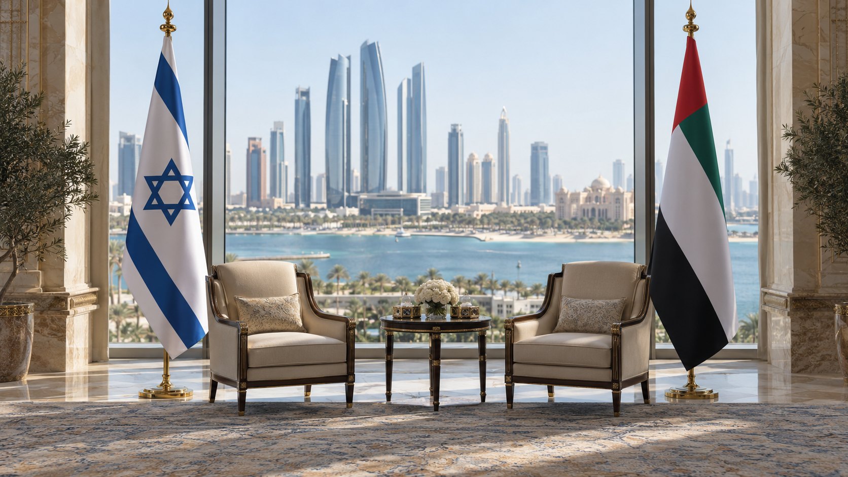Ilustración editorial generada con IA: banderas de Israel y de Emiratos Árabes Unidos en un salón de recepción de un palacio en Abu Dabi, con el skyline de la ciudad por el ventanal; composición conceptual, no es una fotografía de la reunión ni de personas reales.