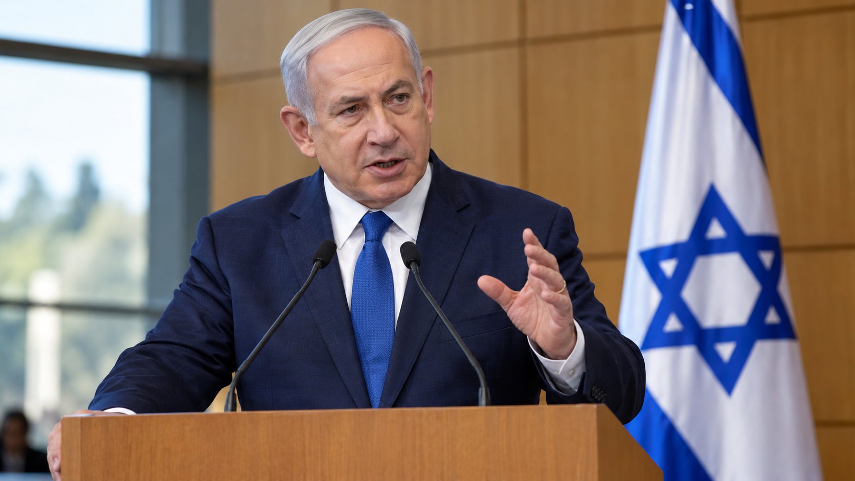 Ilustración editorial generada con IA: Benjamin Netanyahu, primer ministro de Israel, habla en un atril con gesto enfático junto a una bandera de Israel en un auditorio; composición conceptual, no es una fotografía del acto real en Kiryat Shmona.