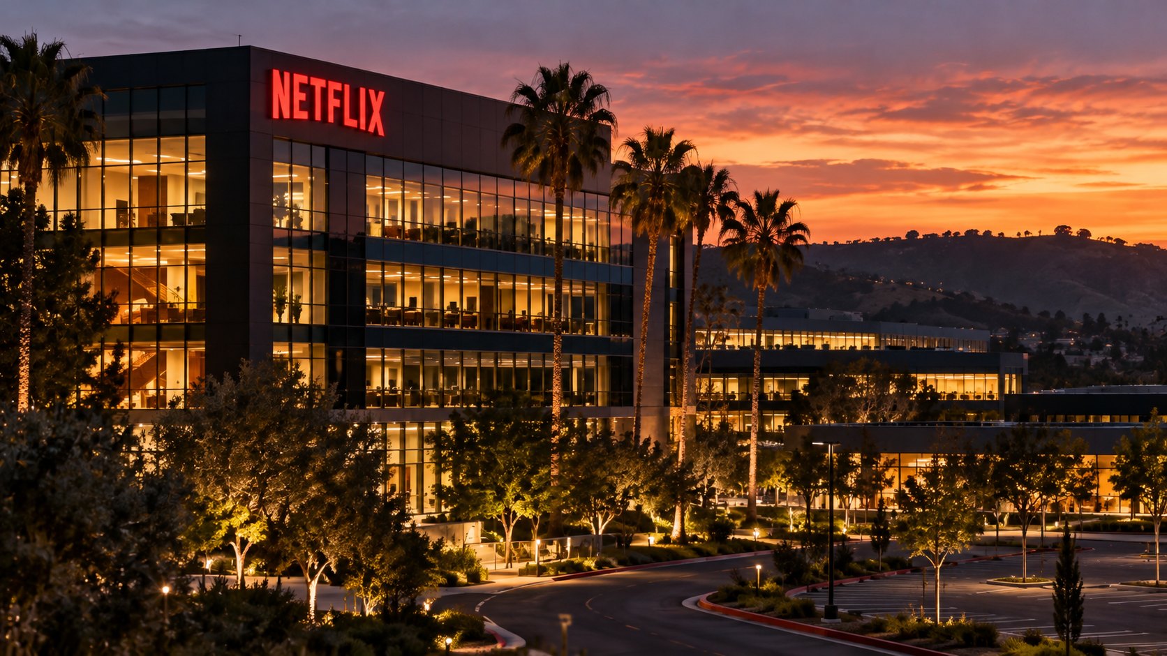 Ilustración editorial generada con IA: un edificio corporativo vidriado con el logotipo rojo de Netflix en lo alto, rodeado de palmeras y con las ventanas encendidas al anochecer; composición conceptual, no es una fotografía de la sede real de la compañía.