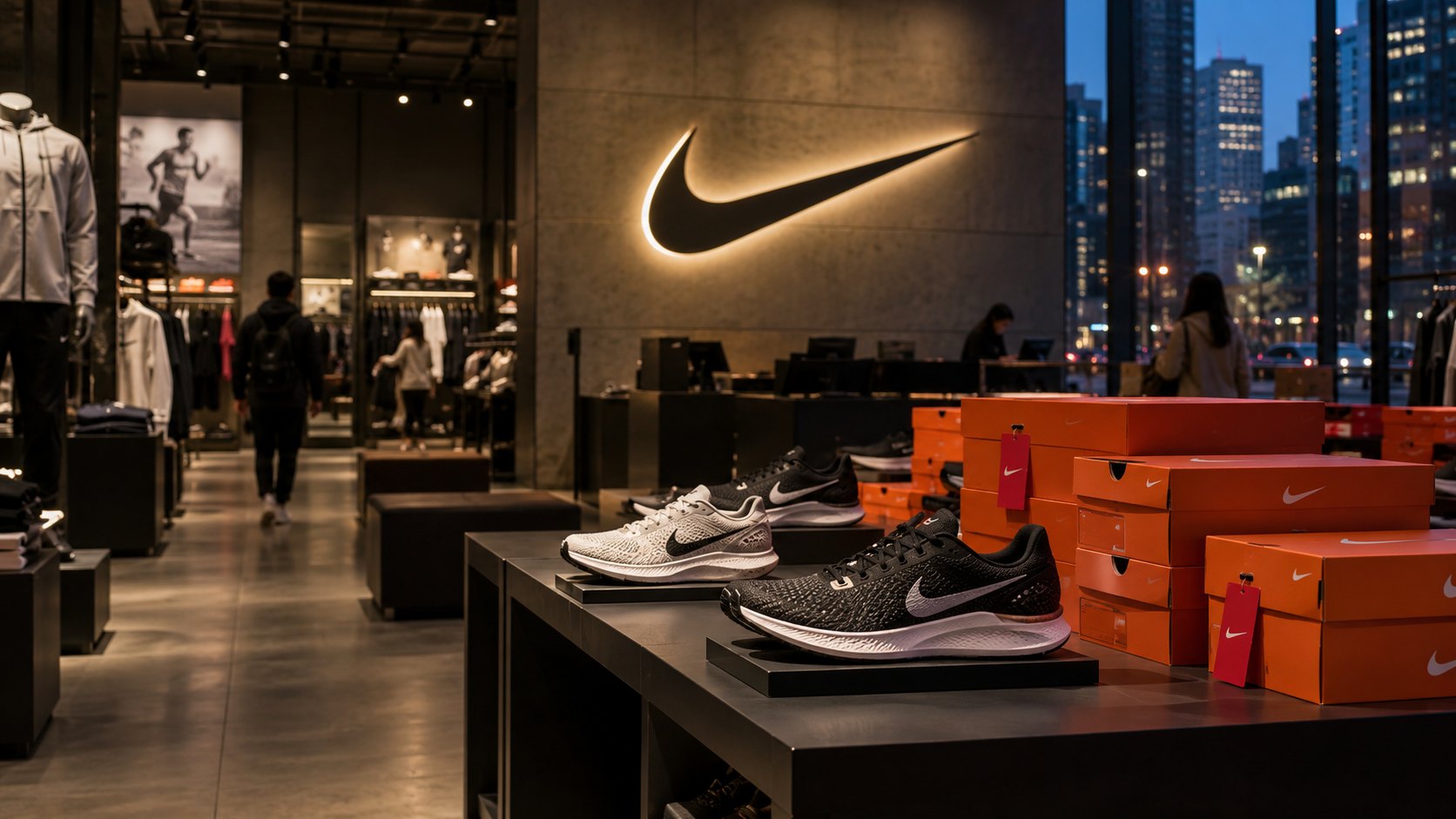 Ilustración editorial generada con IA: interior de una tienda Nike al anochecer, con el logo de Nike iluminado en la pared, una mesa con zapatillas de running y cajas naranjas apiladas con etiquetas de descuento, y pocos clientes; composición conceptual, no es una fotografía de un local real.