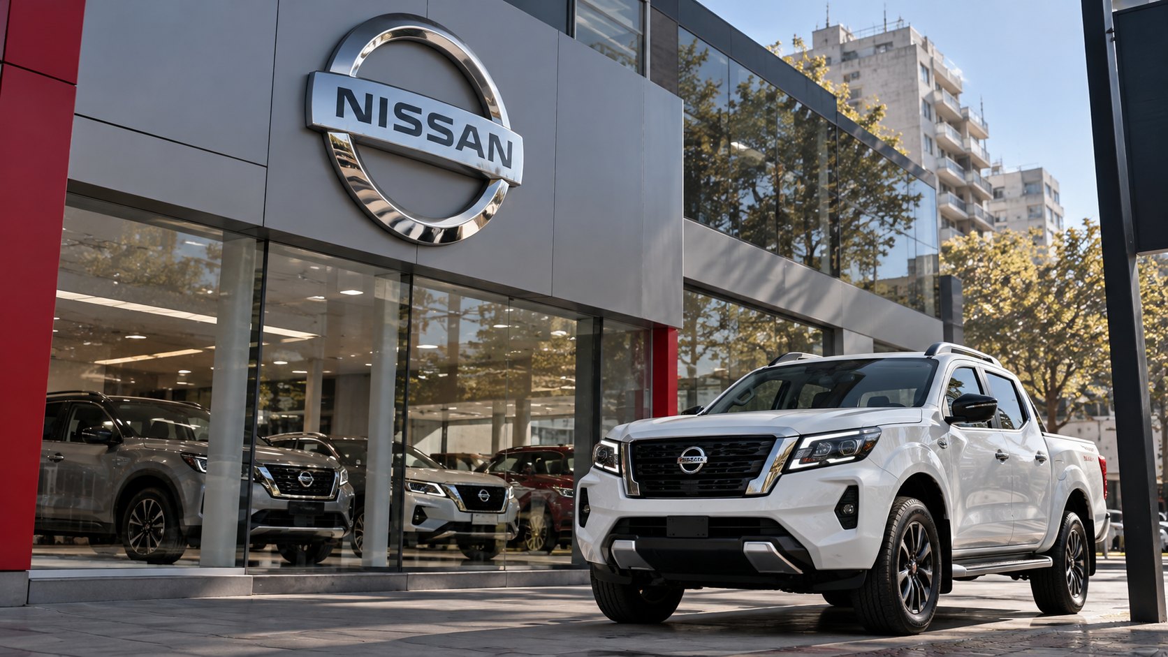 Ilustración editorial generada con IA: la fachada de un concesionario con el logo de Nissan en una avenida de Buenos Aires a la mañana, con una pick-up Nissan Frontier blanca en la vereda de exhibición; composición conceptual, no es una fotografía de un concesionario real ni de la operación con Simpa y Tagle.