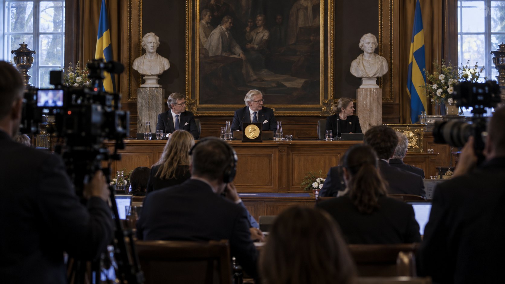 Ilustración editorial generada con IA: el salón de sesiones de la Real Academia Sueca de Ciencias en Estocolmo durante el anuncio del Premio de Economía, con banderas de Suecia, la medalla del premio sobre la mesa y periodistas y cámaras en primer plano; composición conceptual, no es una fotografía del anuncio real ni muestra a los miembros del comité.