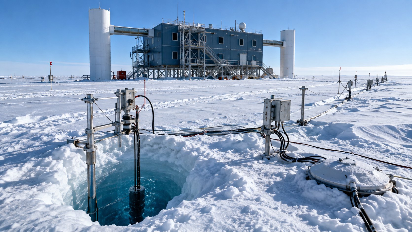 Ilustración editorial generada con IA: el laboratorio de superficie del Observatorio de Neutrinos IceCube sobre la meseta de hielo del Polo Sur, con cables y una perforación en primer plano; composición conceptual, no es una fotografía del observatorio real.