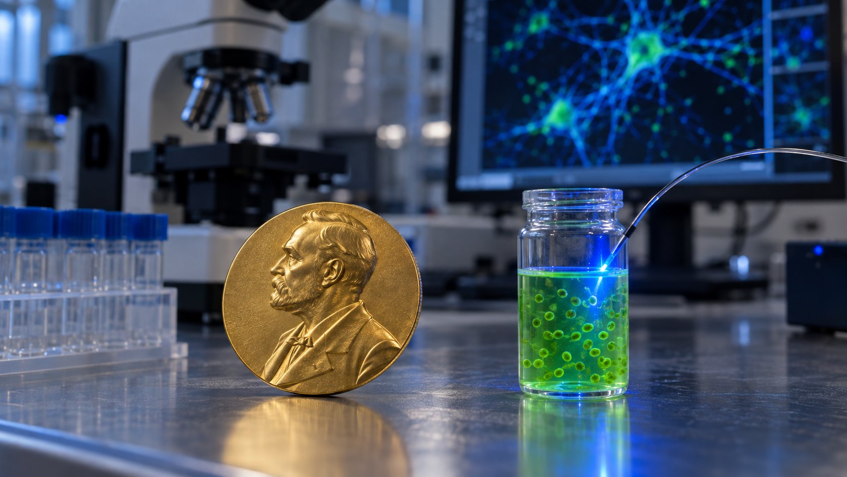 Ilustración editorial generada con IA: una medalla dorada del Premio Nobel sobre una mesada de laboratorio, junto a un frasco con un cultivo verde de algas iluminado por la luz azul de una fibra óptica, con un microscopio desenfocado al fondo; composición conceptual, no es una fotografía de los laureados ni de sus laboratorios.