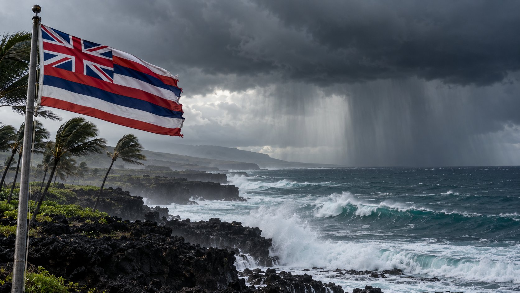 Ilustración editorial generada con IA: bandera del estado de Hawái flameando frente a una costa de lava bajo nubes de tormenta y oleaje; no documenta a Nolo ni daños reales.