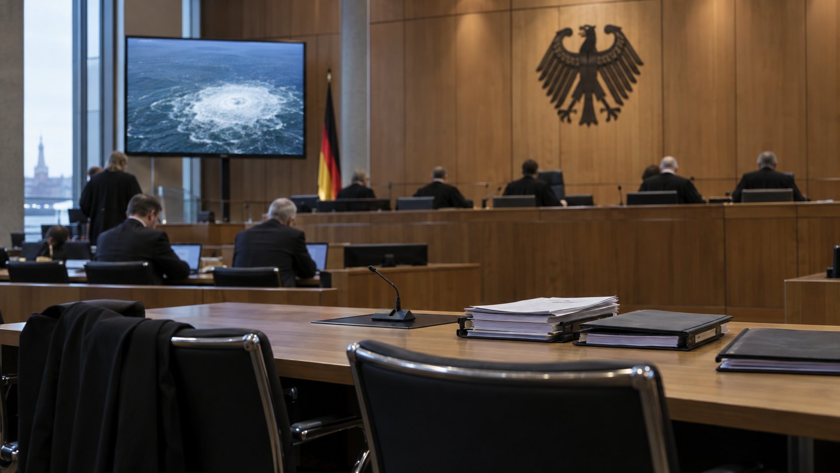 Ilustración editorial generada con IA: sala de audiencias de un tribunal alemán con paneles de madera, el águila federal en la pared y una bandera de Alemania; los jueces aparecen al fondo y una pantalla muestra la burbuja de gas en la superficie del mar Báltico tras la rotura del Nord Stream; composición representativa, no es una fotografía del juicio en Hamburgo.