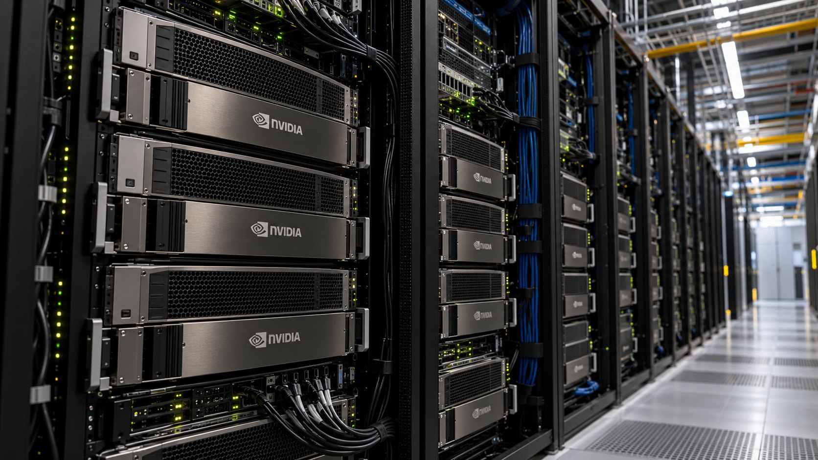 Ilustración editorial generada con IA: racks de servidores con el logo de Nvidia en el frente de los equipos, en un pasillo de un centro de datos; composición conceptual, no es una fotografía de las instalaciones de Modal.