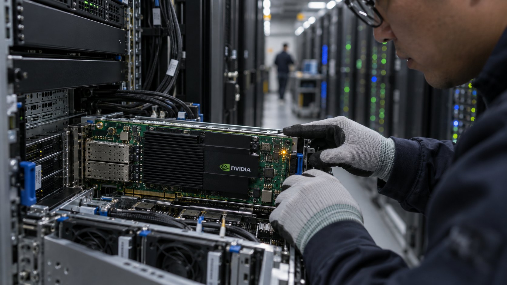 Ilustración editorial generada con IA: un técnico con guantes inspecciona una placa con el logo de NVIDIA instalada en un servidor abierto, en un pasillo de racks de un centro de datos; composición conceptual, no es una fotografía de un producto o instalación reales.