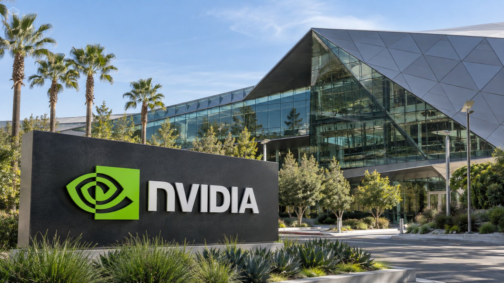Ilustración editorial generada con IA: el cartel con el logo de Nvidia frente al edificio de vidrio de su sede en Santa Clara, California, rodeado de palmeras bajo un cielo despejado; composición conceptual, no es una fotografía tomada el día del anuncio.