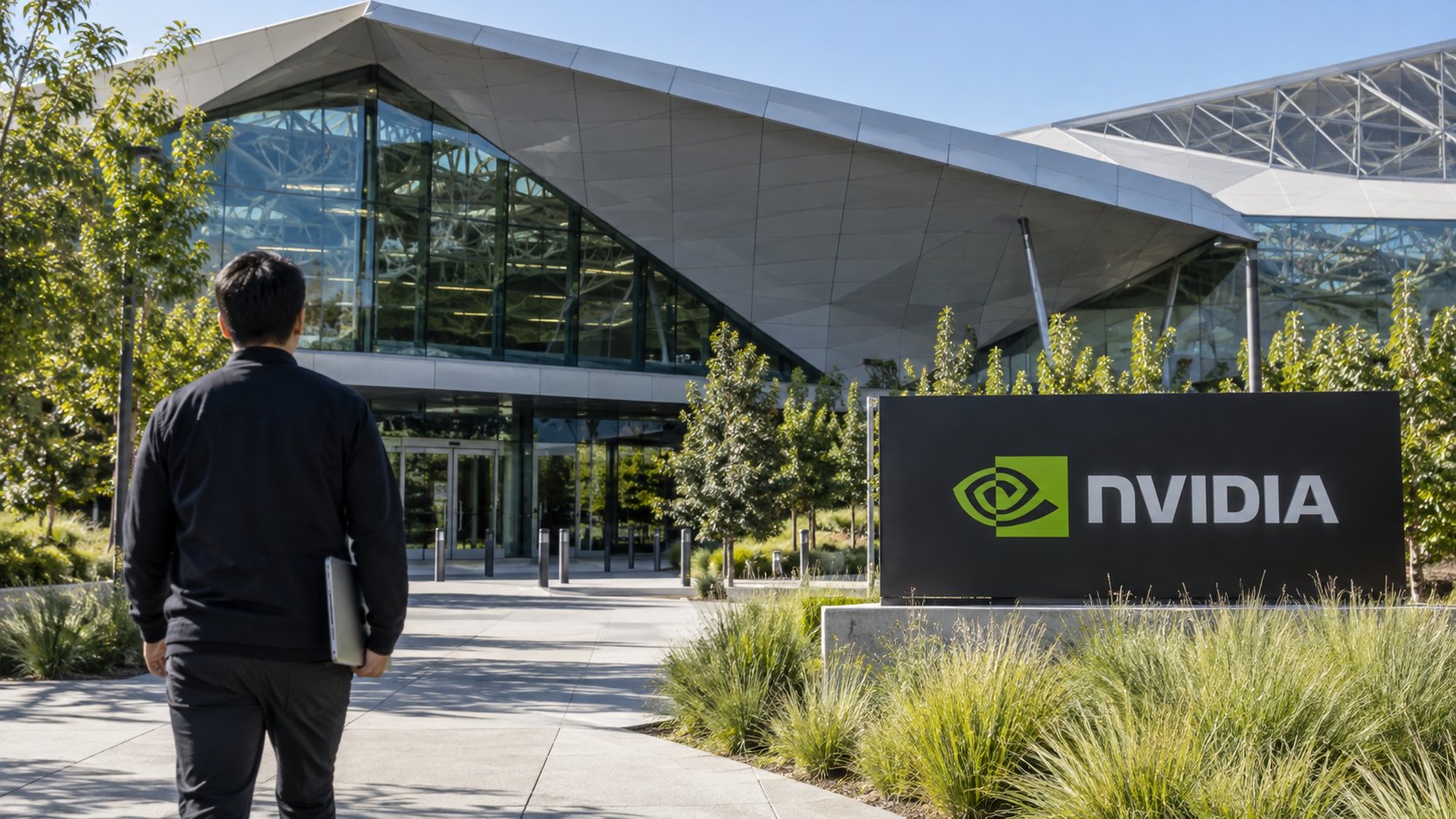 Ilustración editorial generada con IA: la sede de Nvidia en Santa Clara, California, con el logo de la compañía en la entrada y una persona de espaldas que llega con una laptop; composición conceptual, no es una fotografía del día.