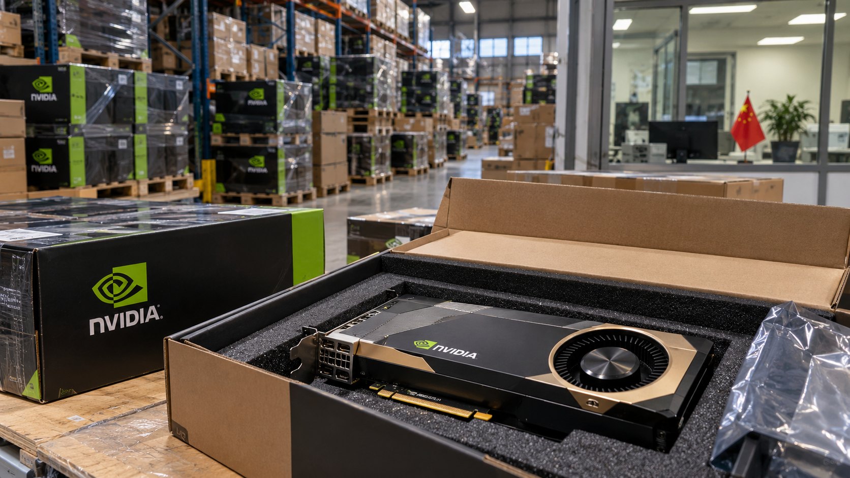 Ilustración editorial generada con IA: un depósito logístico con pallets de cajas de tarjetas gráficas NVIDIA apiladas y, en primer plano, una tarjeta NVIDIA negra y dorada dentro de su caja abierta, con una pequeña bandera de China en la oficina del fondo; composición conceptual, no es una fotografía de un envío real.