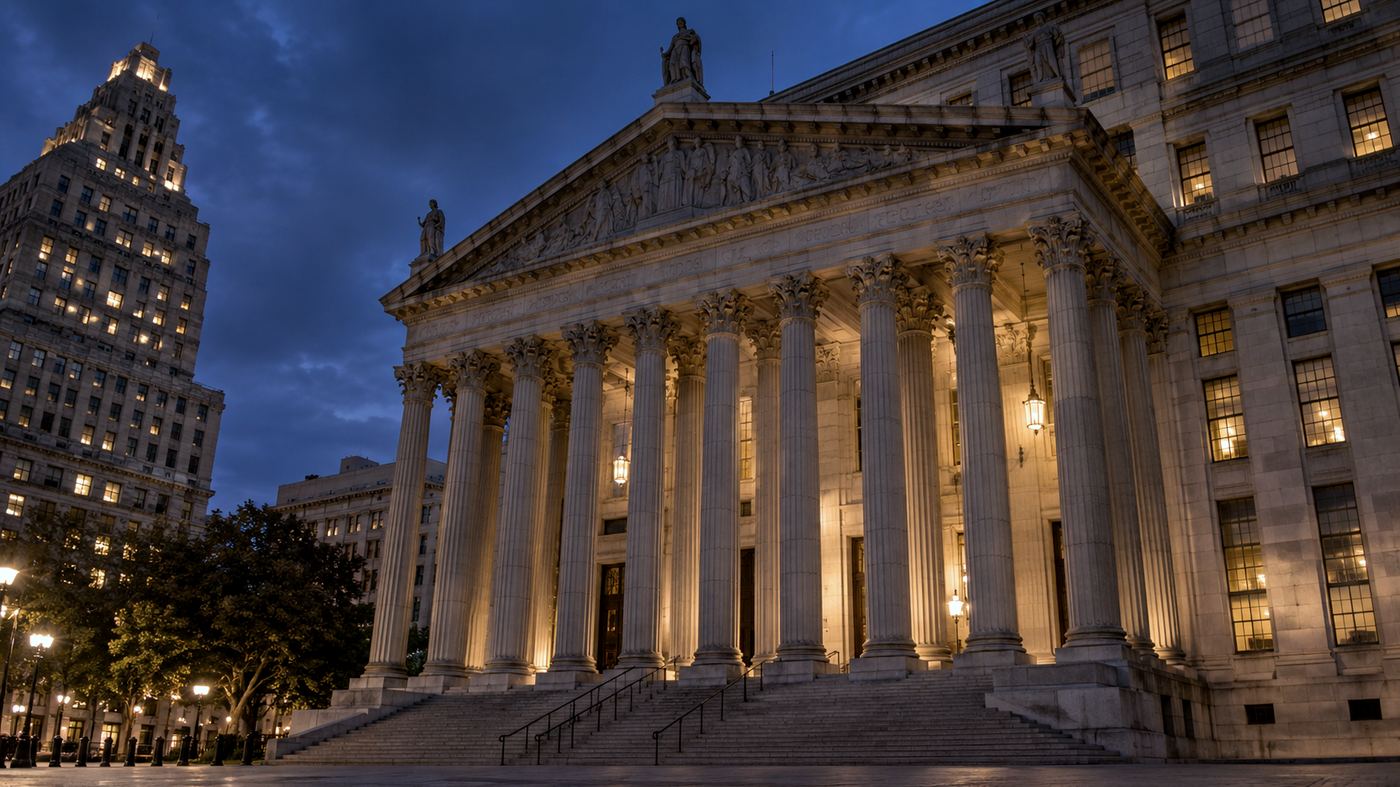 Fachada clásica de columnas del Thurgood Marshall United States Courthouse en Manhattan, Nueva York, iluminada al atardecer