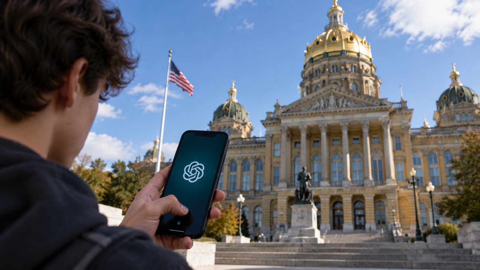 Ilustración editorial generada con IA: frente al Capitolio estatal de Iowa en Des Moines, con su cúpula dorada y una bandera de Estados Unidos, un joven sostiene un celular con el logo de ChatGPT de OpenAI en la pantalla; composición conceptual, no es una fotografía de un hecho real.