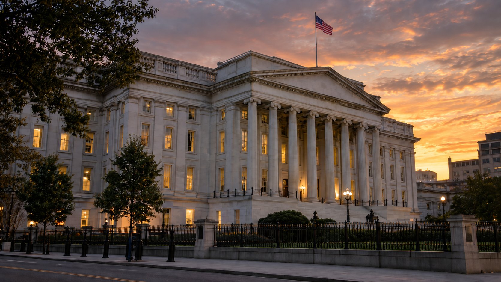 Ilustración editorial generada con IA: el edificio del Departamento del Tesoro de Estados Unidos en Washington, con su columnata neoclásica iluminada y la bandera estadounidense, al atardecer; composición conceptual, no es una fotografía del día de la alerta.