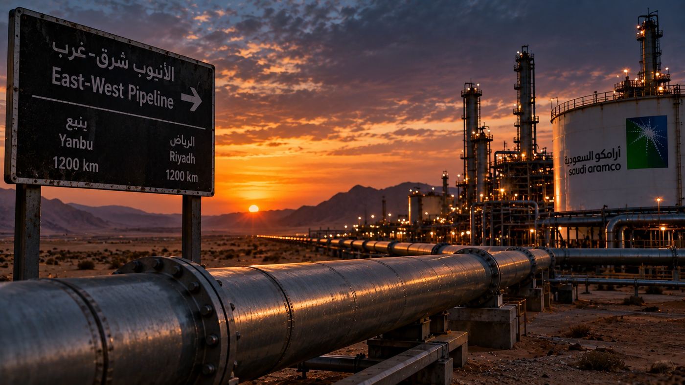 Vista nocturna de una planta petroquímica iluminada en Arabia Saudita