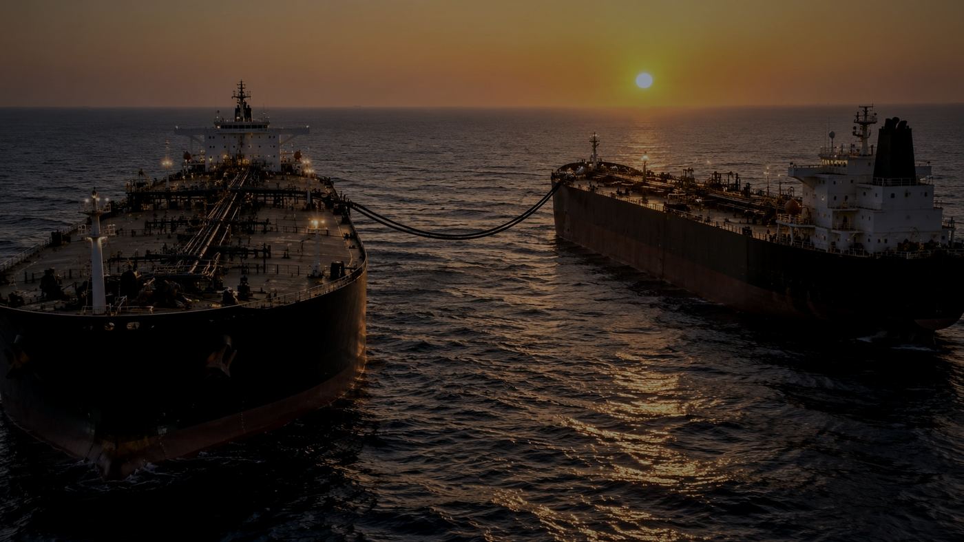 Buques petroleros realizando una transferencia de crudo ship-to-ship cerca de una terminal portuaria del Golfo, con mangueras de trasiego conectando ambas embarcaciones al atardecer