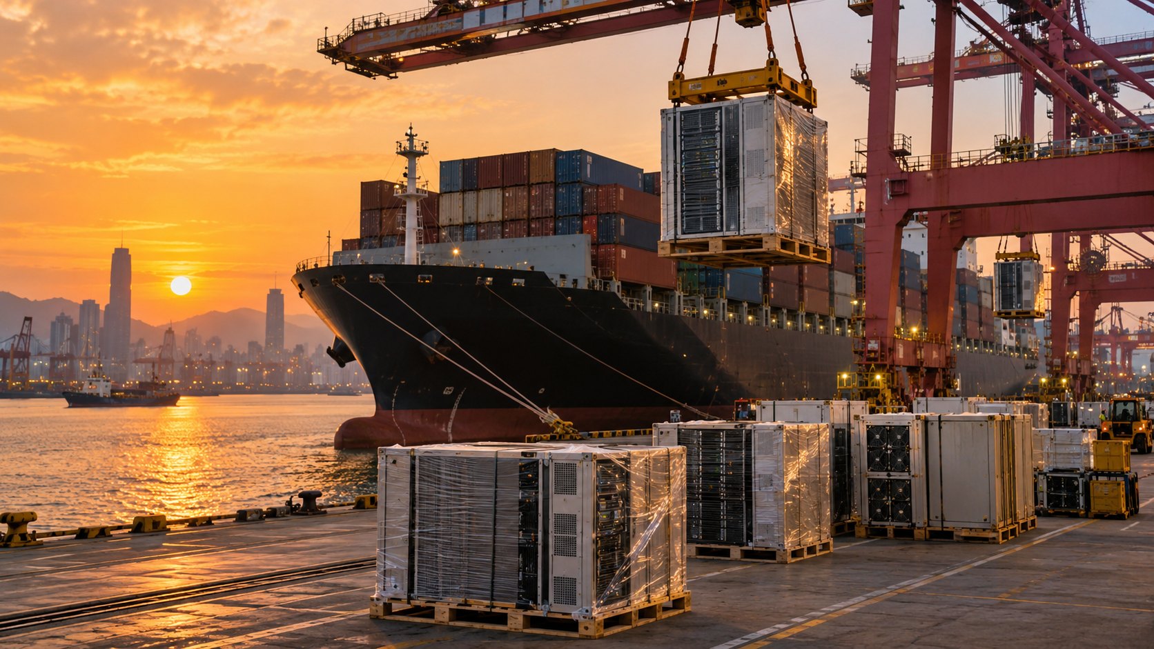 Ilustración editorial generada con IA: un puerto de contenedores asiático al atardecer, con una grúa pórtico que carga en un buque portacontenedores cajas embaladas de servidores y equipos electrónicos, y más pallets de servidores sobre el muelle; composición conceptual, no es una fotografía de un puerto ni de un envío real.