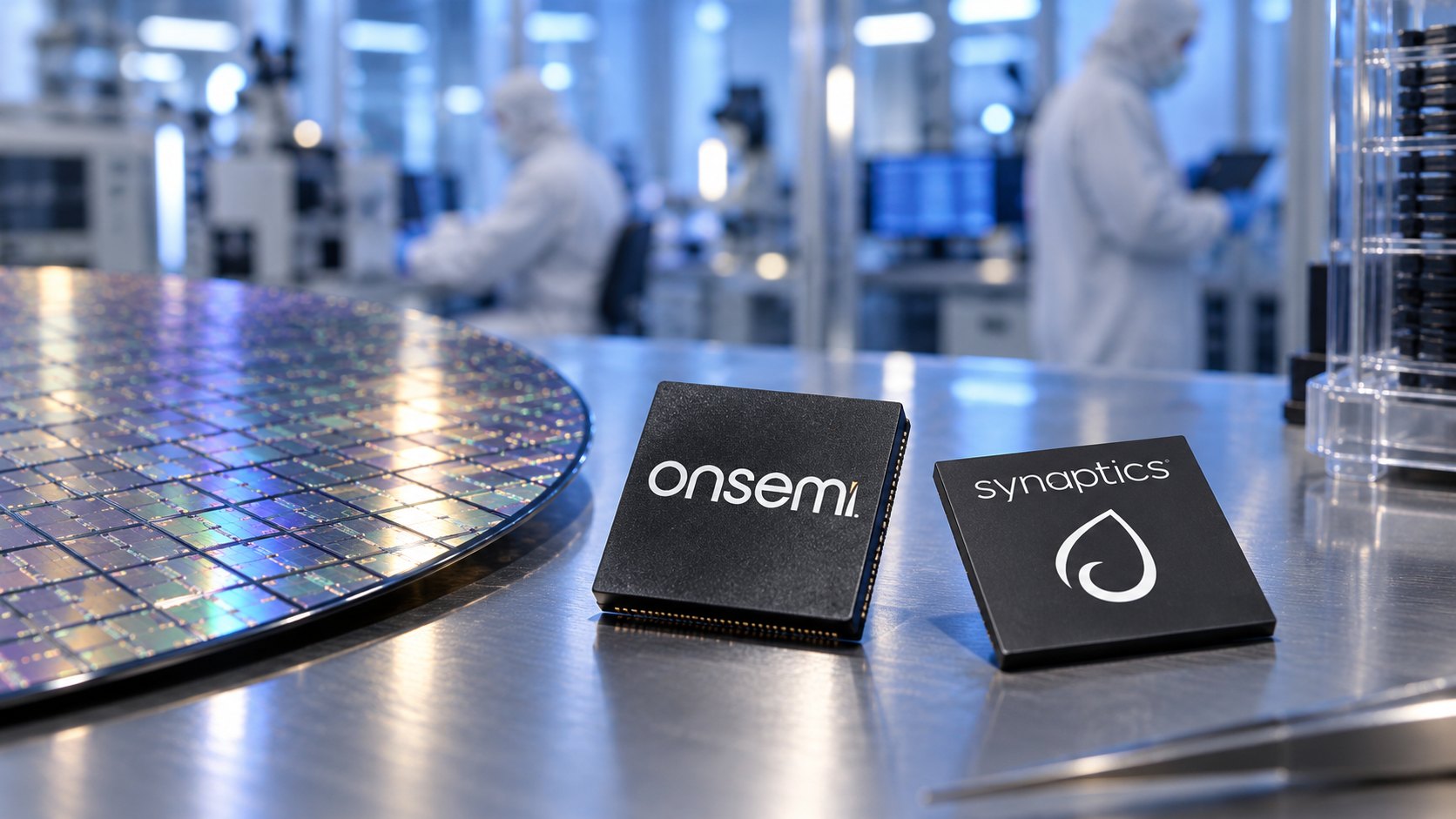 Ilustración editorial generada con IA: una oblea de silicio y dos chips con las marcas onsemi y Synaptics sobre una mesa de acero, con una sala limpia de fabricación de semiconductores desenfocada al fondo; composición conceptual, no es una fotografía de productos ni instalaciones reales de las empresas.